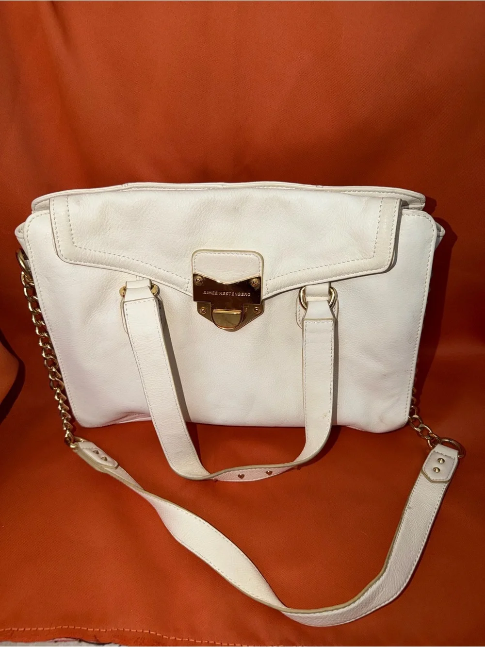 Aimee Kestenberg White Leather Satchel with Gold-Tone Lock
